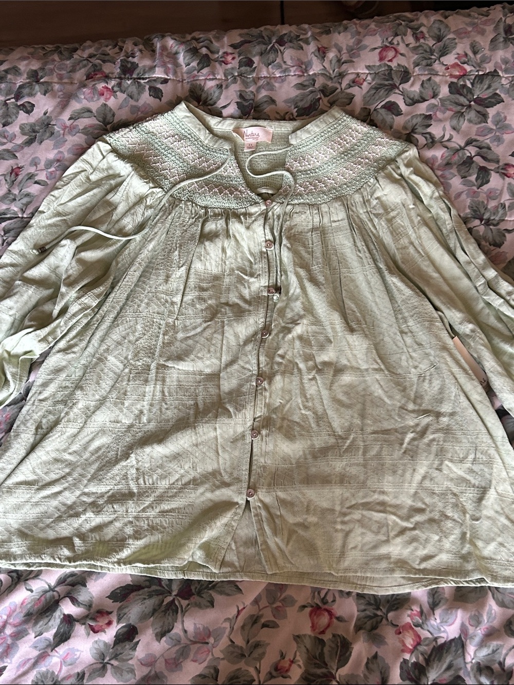 Nurture by westbound Sage Green Smocked Button-Front with embroidery Blouse boho